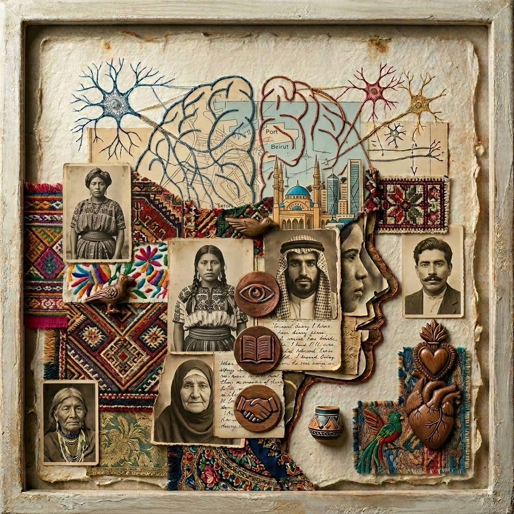Collage combining brain diagrams, African fabric patterns, vintage photographs, and handwritten notes illustrating research concepts in neuroscience, culture, and psychology.