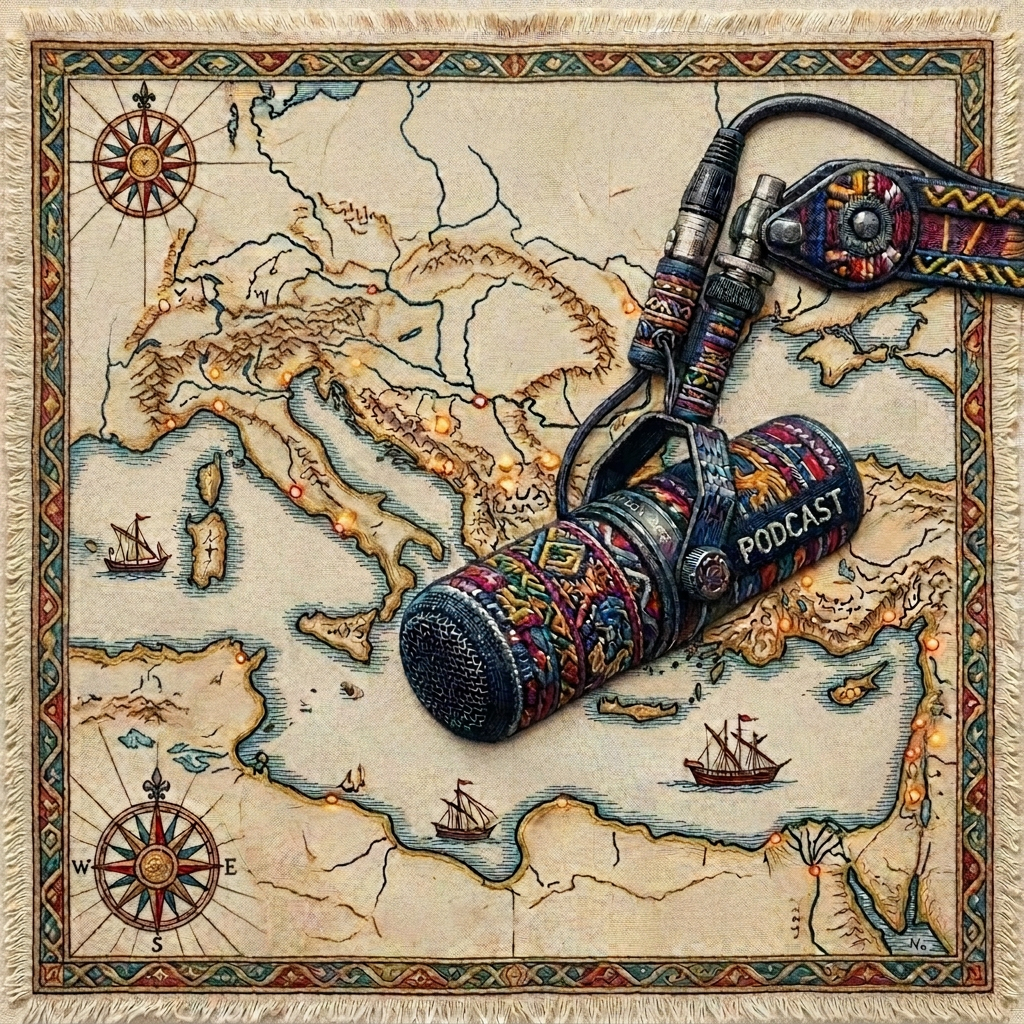Podcast microphone suspended in front of a colorful neural network pattern with glowing nodes